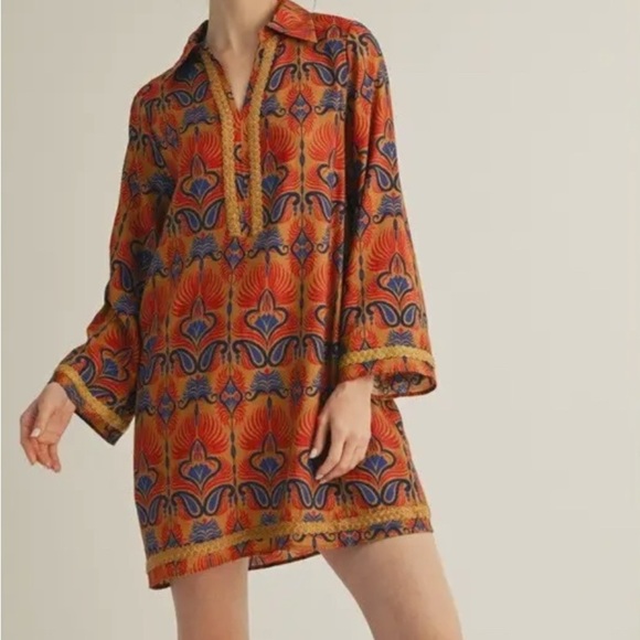 Colorful long sleeves boho print shift mini dress with side pockets - Picture 2 of 4